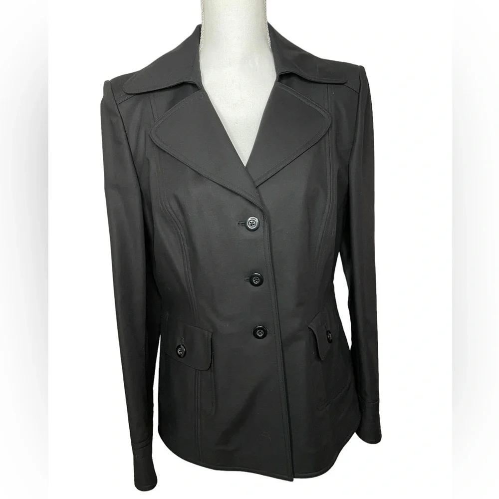 Ellen Tracy Black Blazer Cotton Spandex Wide Notch Collar Three Button Size 10